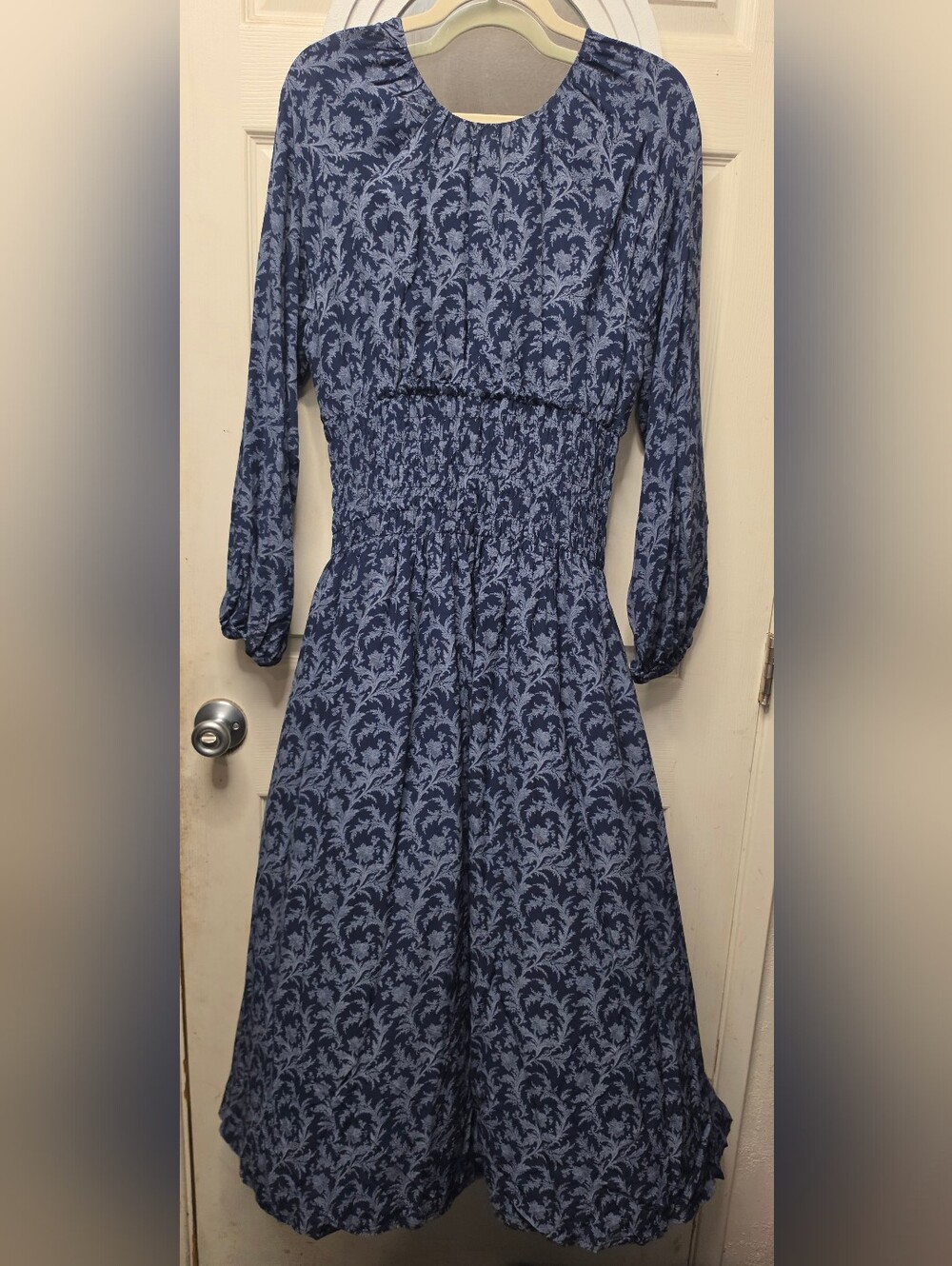 Madewell Blue Floral Smocked Waist Long Sleeve Dress